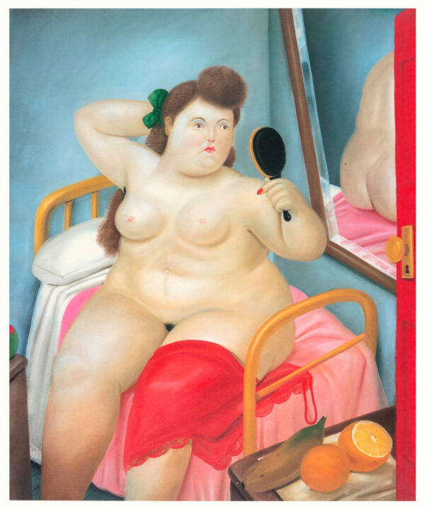 Beautiful naked woman, looking at the mirror to comb her hair - Poster