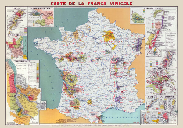 Wine Map of France showing wine regions 100x70 cm - Poster